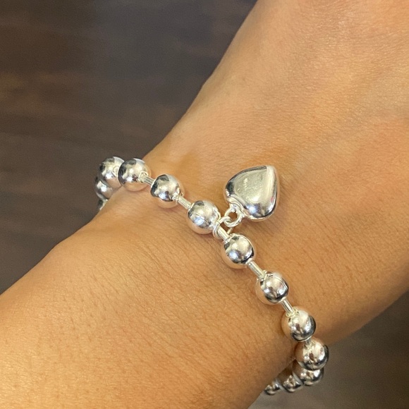 Sterling silver heart beads charm bracelet 8” gift - Picture 3 of 14